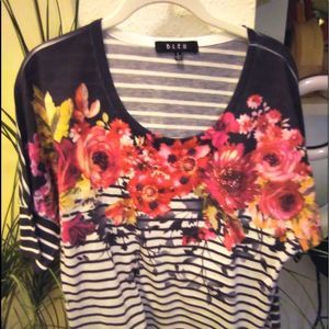 Floral with black & white stripe top with red flower detail